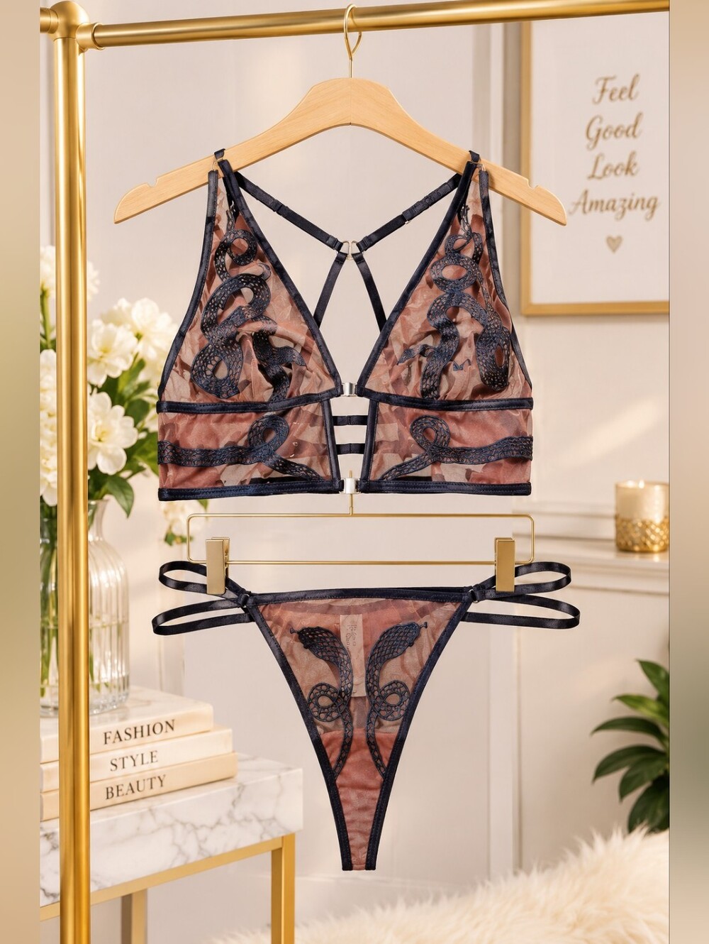 NWT Thistle and Spire Sheer Black Snake-Embroidered Bralette & Thong Set Size M